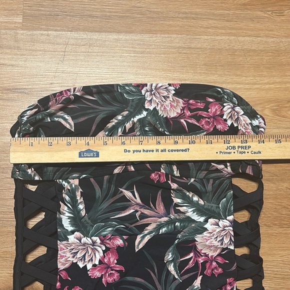 Bebe Swimsuit Bandeau One Piece Floral Nylon Spandex Black MultiColor Women L - Picture 5 of 8